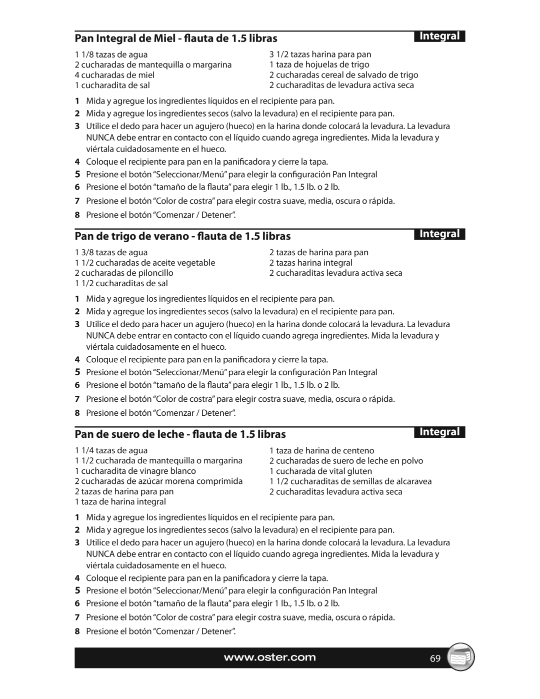 Oster CKSTBRTW20, SPR-063009 warranty Pan Integral de Miel flauta de 1.5 libras, Pan de trigo de verano flauta de 1.5 libras 