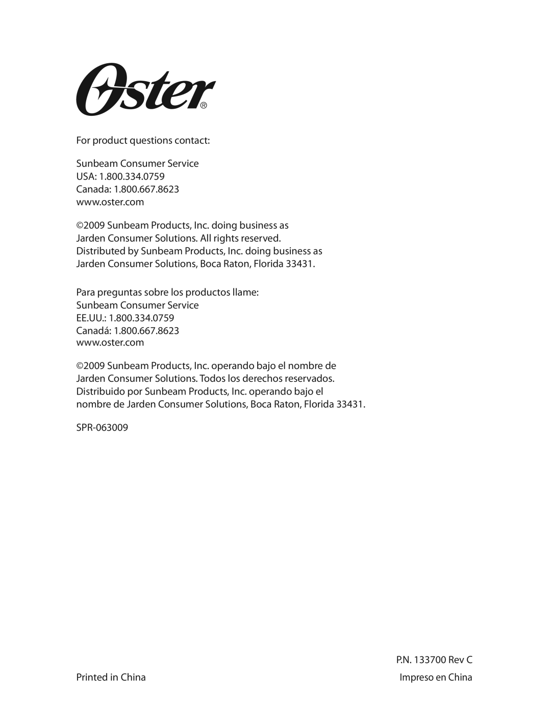 Oster CKSTBRTW20 warranty SPR-063009 Rev C 