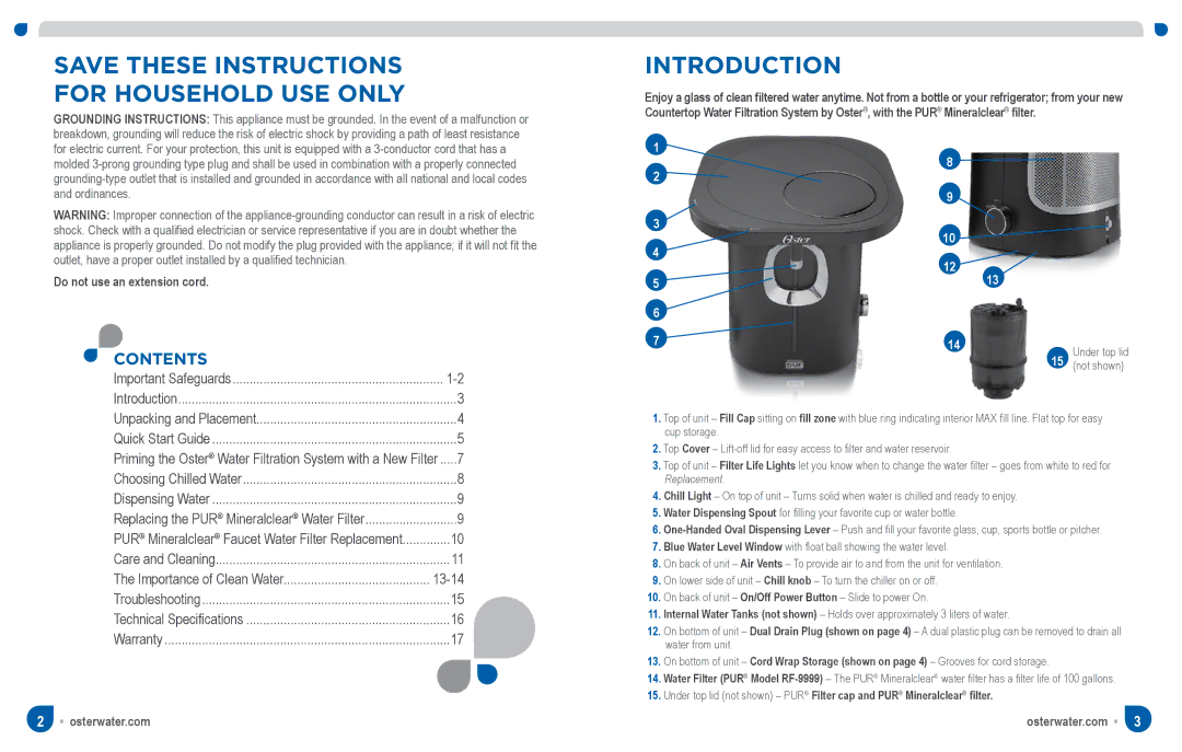 Oster Chill & Filter Powered Water Dispenser, SPR-063011-566 manual For Household USE only, Introduction, Contents 