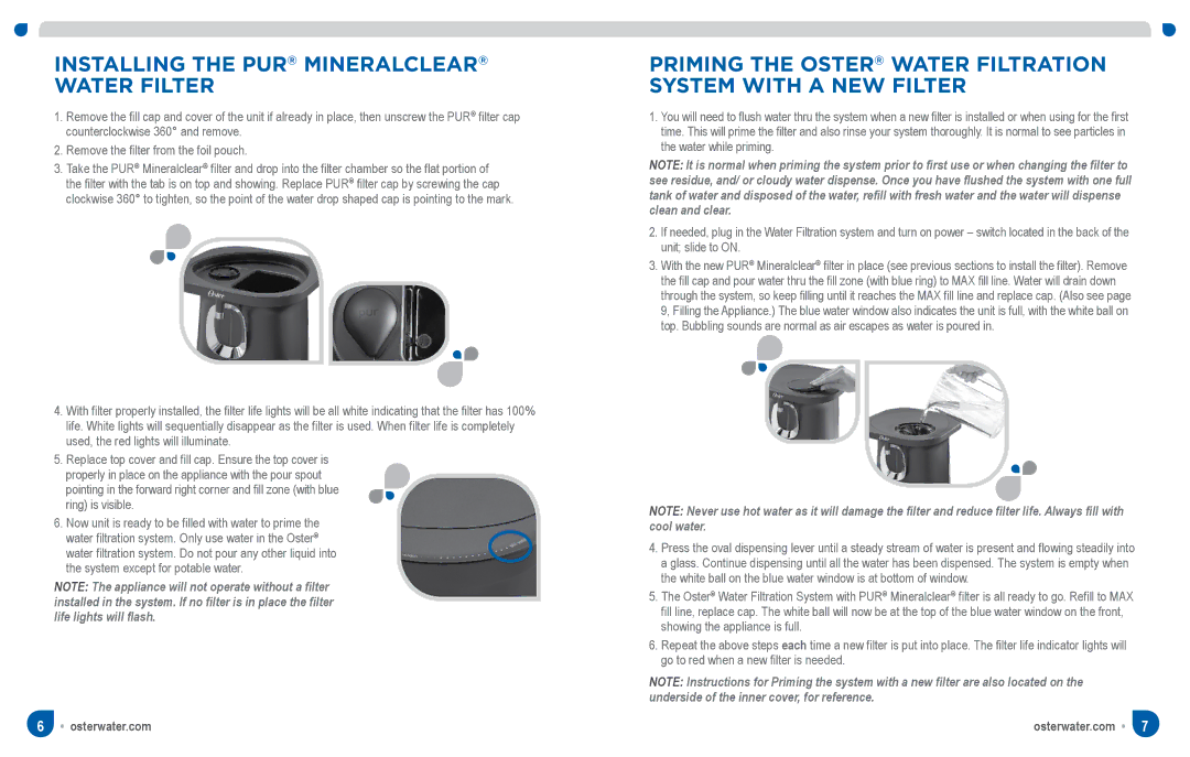 Oster Chill & Filter Powered Water Dispenser, SPR-063011-566 manual Installing the PUR Mineralclear Water Filter 