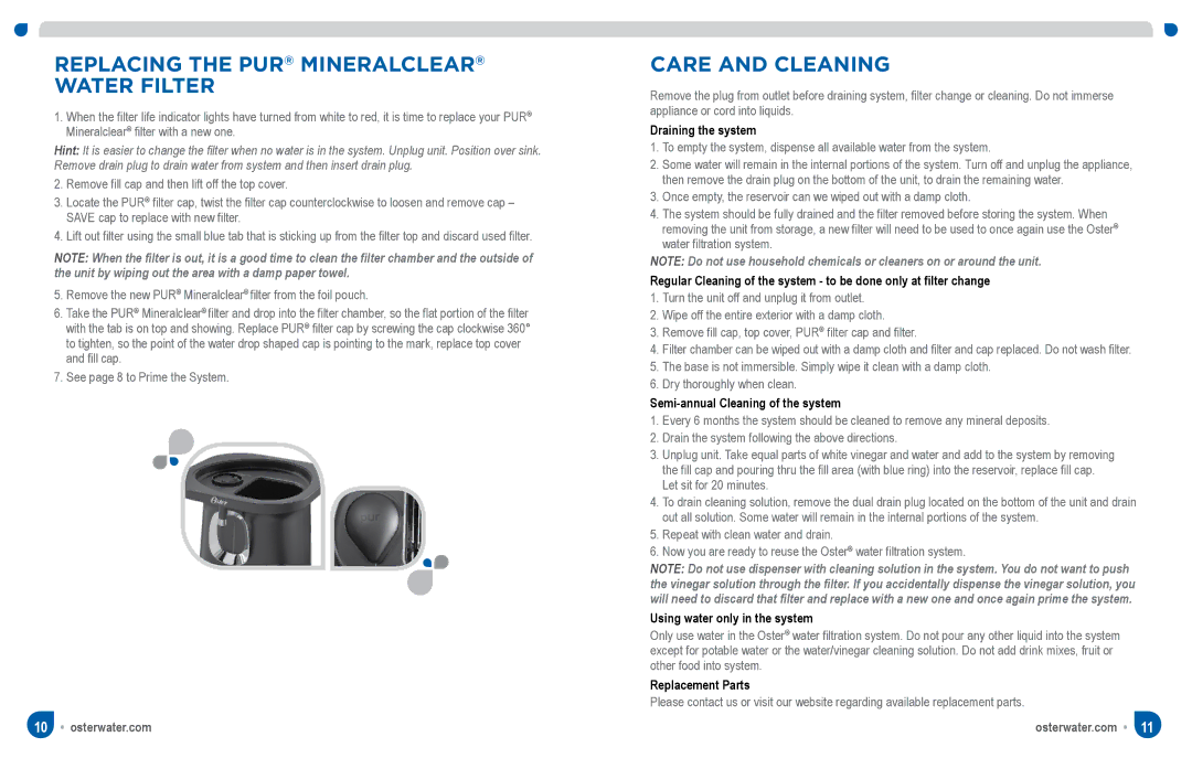 Oster Chill & Filter Powered Water Dispenser manual Replacing the PUR Mineralclear Water Filter, Care and Cleaning 