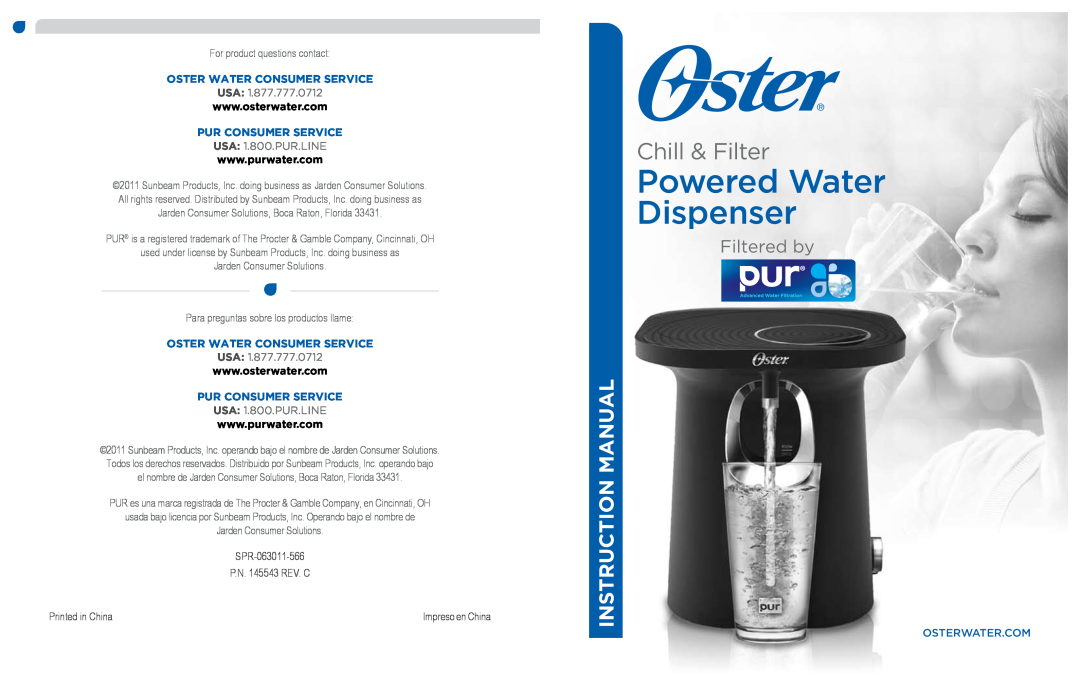 Oster Chill & Filter Powered Water Dispenser manual Filtered by, OSTER WATER Consumer Service, PUR Consumer Service 