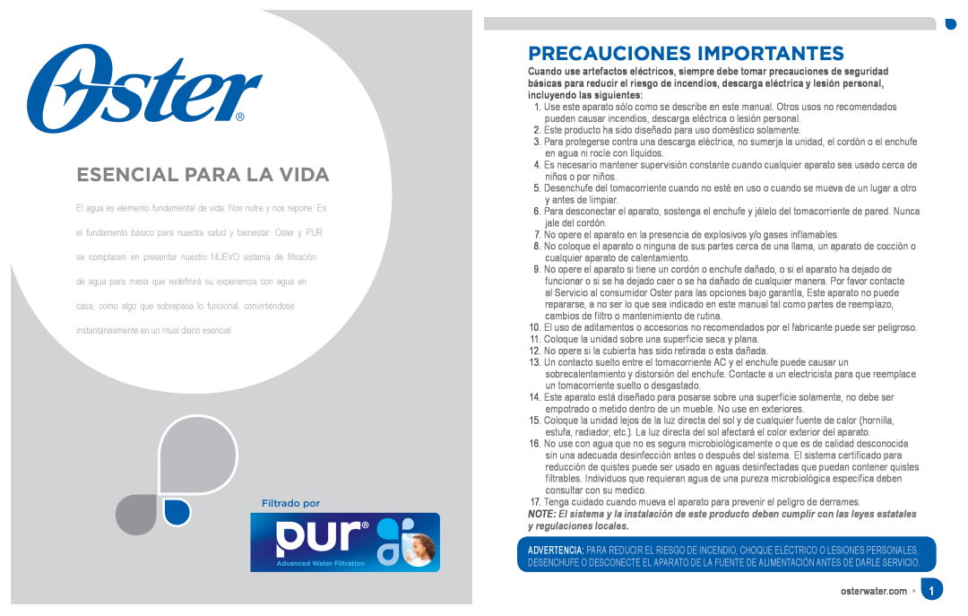 Oster Chill & Filter Powered Water Dispenser, SPR-063011-566 manual Esencial Para La Vida, Precauciones Importantes 