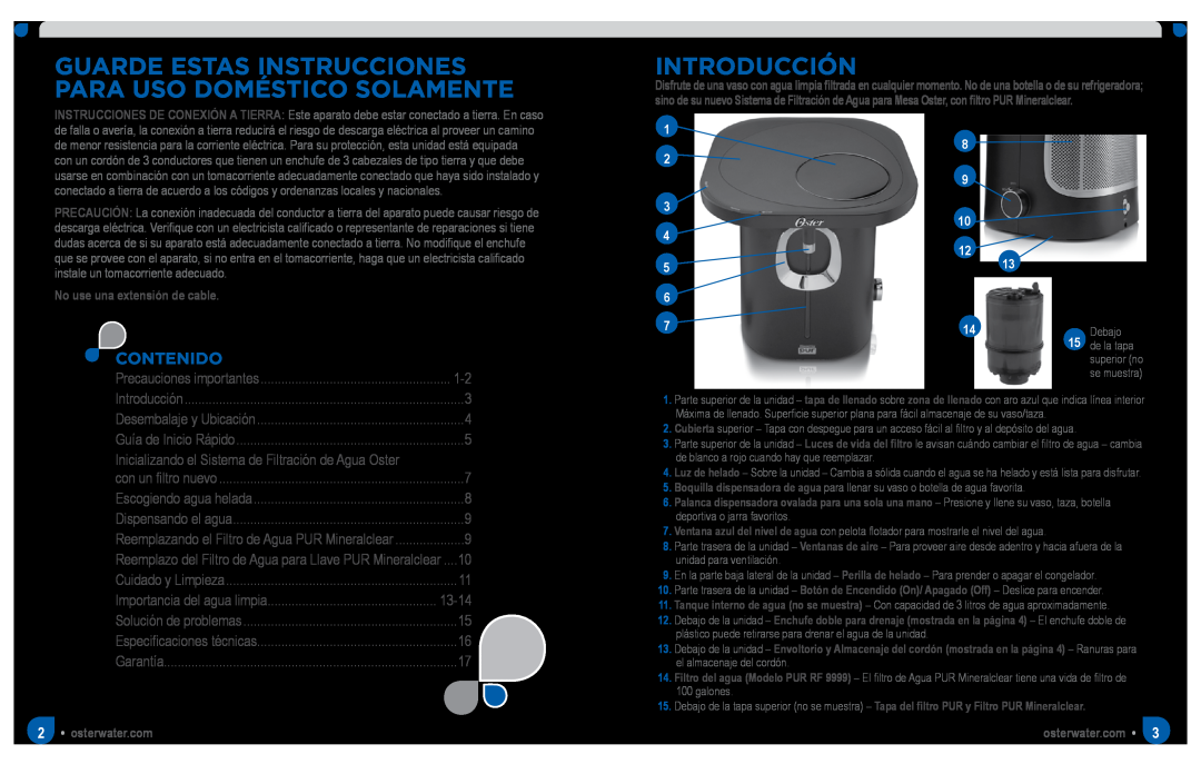 Oster SPR-063011-566, Chill & Filter Powered Water Dispenser manual Introducción, Contenido 