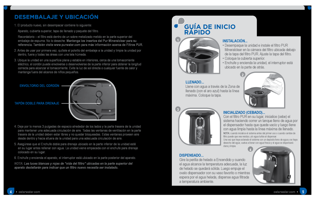 Oster Chill & Filter Powered Water Dispenser manual Guía De Inicio Rápido, Desembalaje Y Ubicación, Instalación, Llenado 