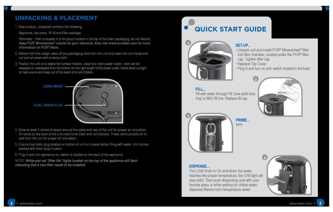 Oster SPR-063011-566 manual Quick Start Guide, Unpacking & Placement, Fill, Prime, Dispense 