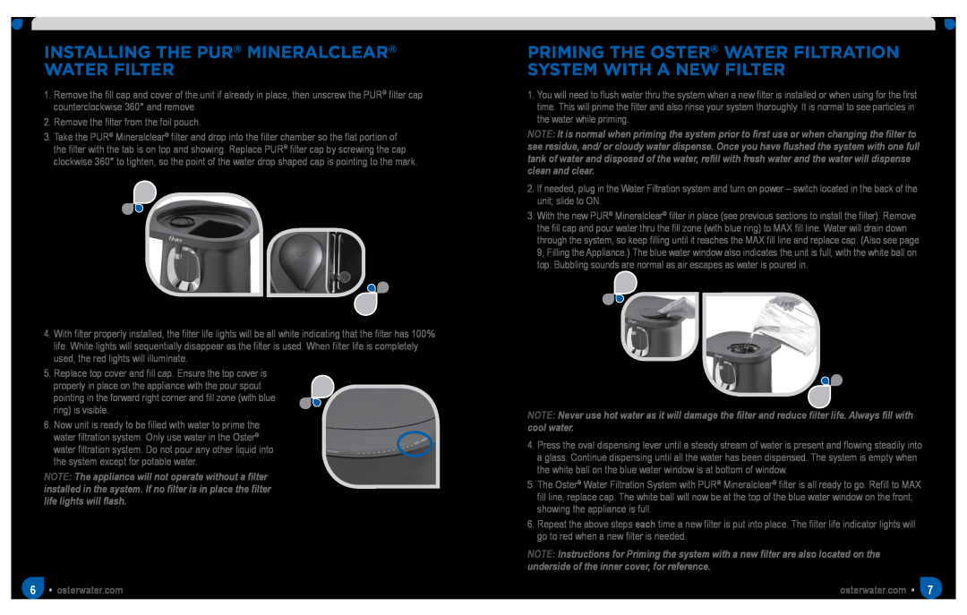 Oster Chill & Filter Powered Water Dispenser, SPR-063011-566 manual Installing The Pur Mineralclear Water Filter 
