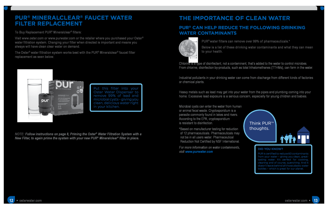 Oster SPR-063011-566 manual The Importance Of Clean Water, Pur Mineralclear Faucet Water Filter Replacement, Heavy Metals 