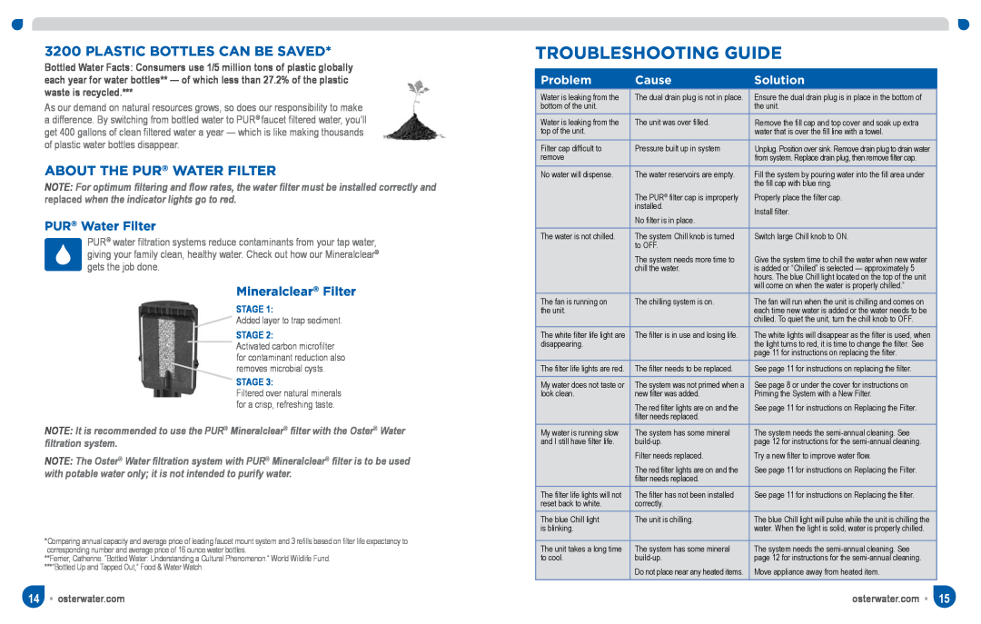 Oster Chill & Filter Powered Water Dispenser TROUBLESHOOTING Guide, Plastic Bottles Can Be Saved, PUR Water Filter, Cause 