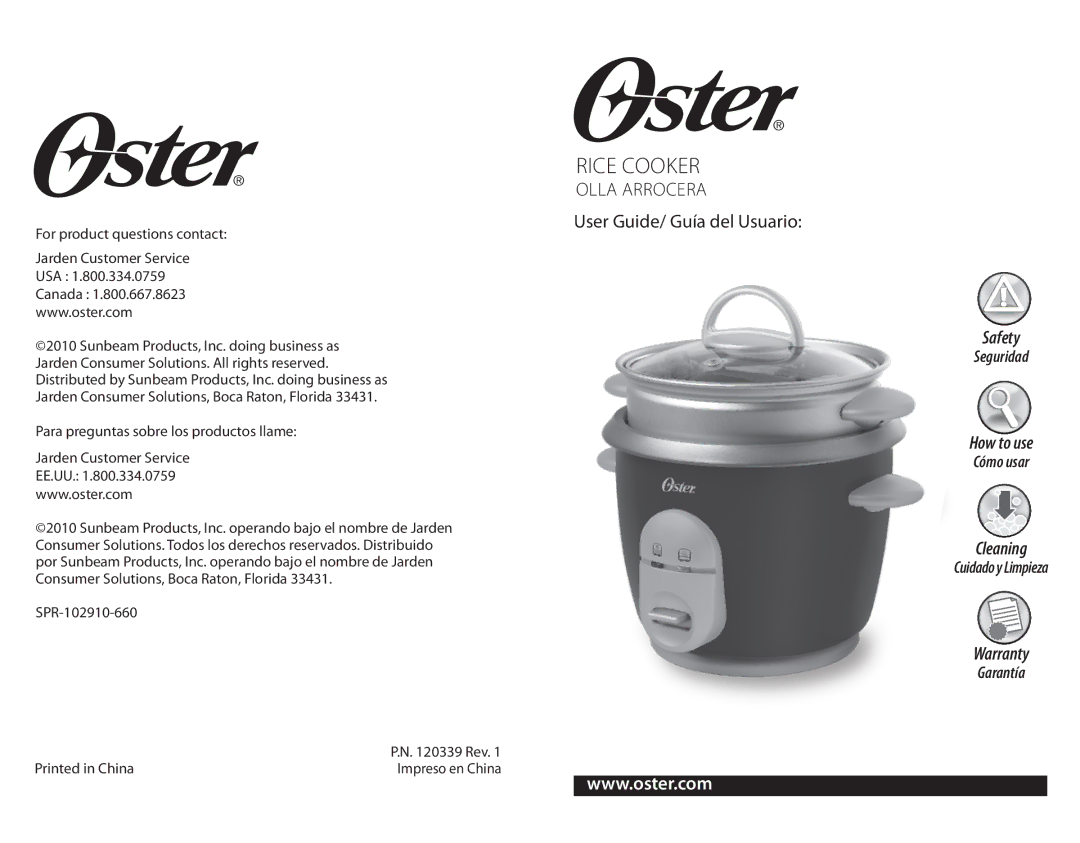 Oster Oster Rice Cooker warranty Rice cooker, Olla Arrocera User Guide/ Guía del Usuario, For product questions contact 