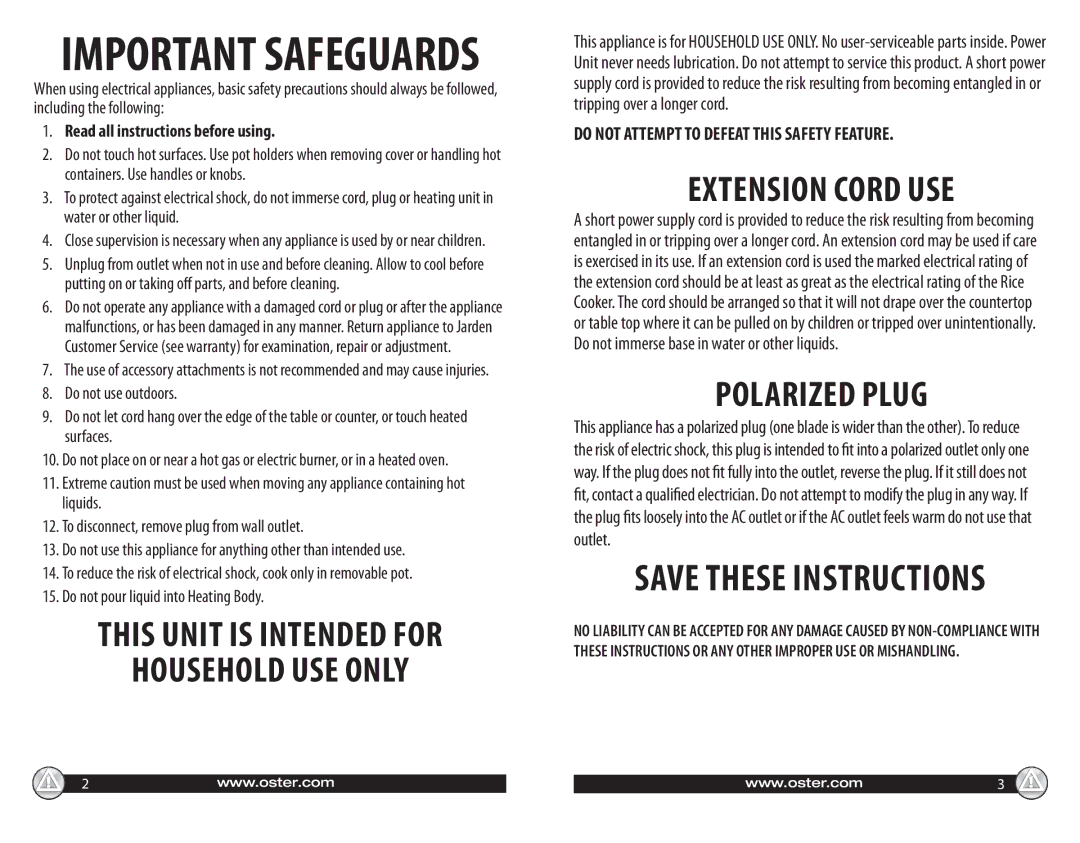 Oster SPR-102910-660 warranty Polarized Plug, Read all instructions before using, Do not pour liquid into Heating Body 