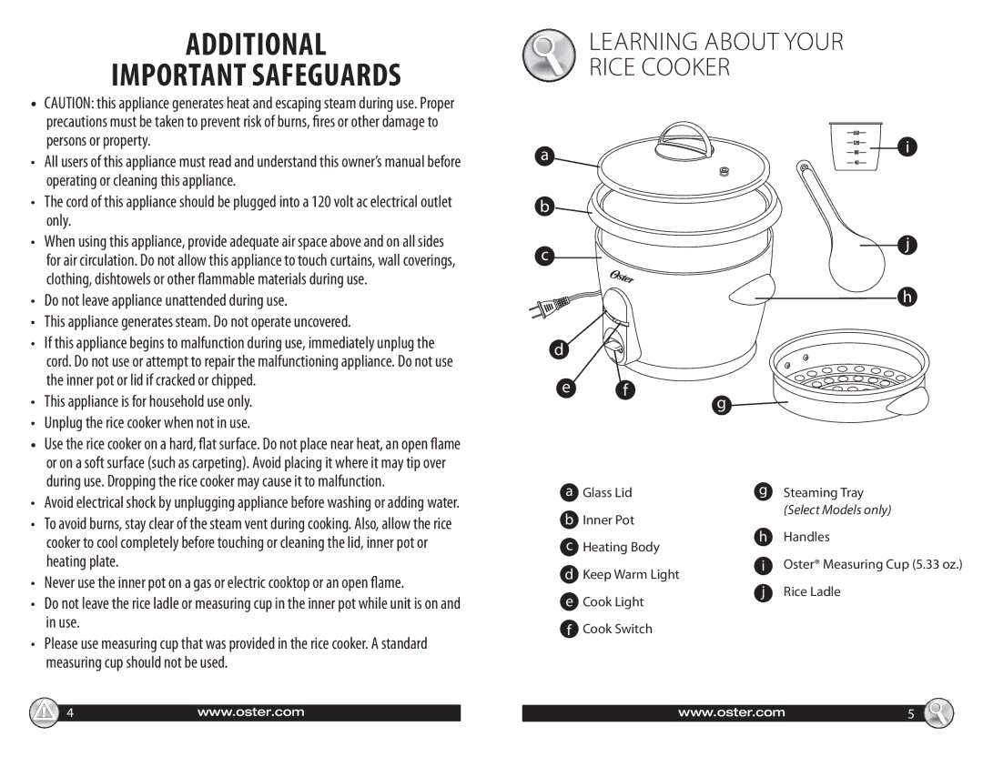 Oster Oster Rice Cooker, SPR-102910-660 warranty Important Safeguards, Learning about your rice cooker 