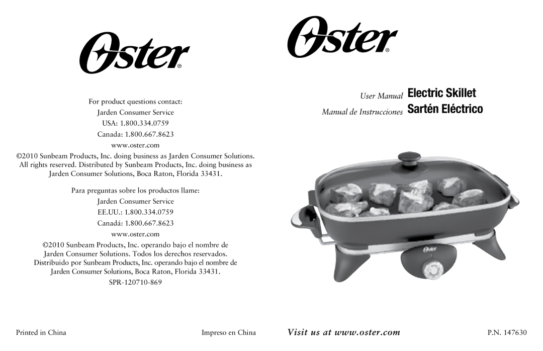 Oster SPR-120710-869 user manual Electric Skillet Sartén Eléctrico 