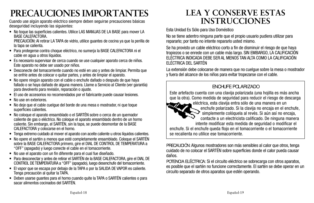 Oster SPR-120710-869, Electric Skillet user manual Precauciones Importantes 