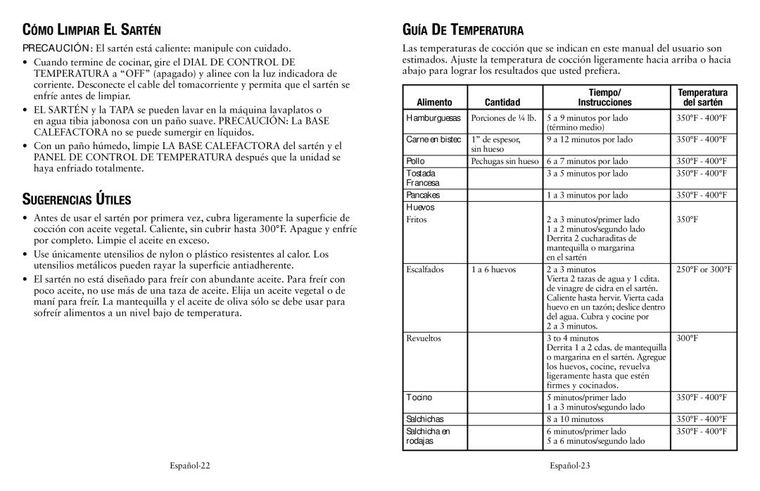 Oster SPR-120710-869, Electric Skillet user manual Cómo Limpiar El Sartén, Sugerencias Útiles, Guía De Temperatura 