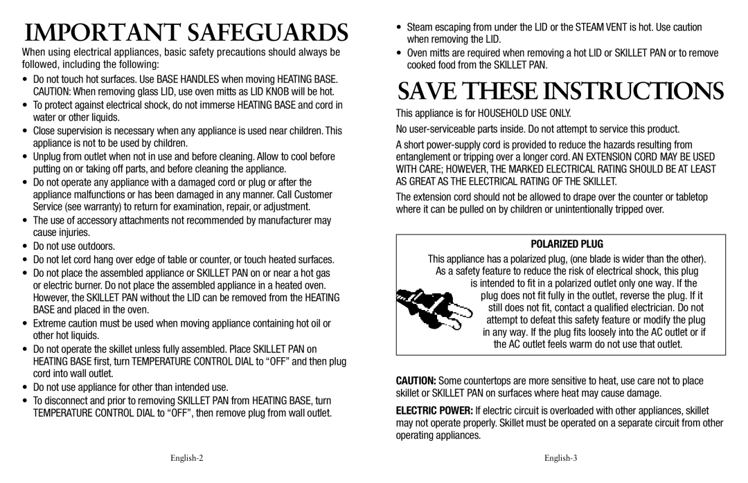 Oster SPR-120710-869, Electric Skillet user manual Important Safeguards 