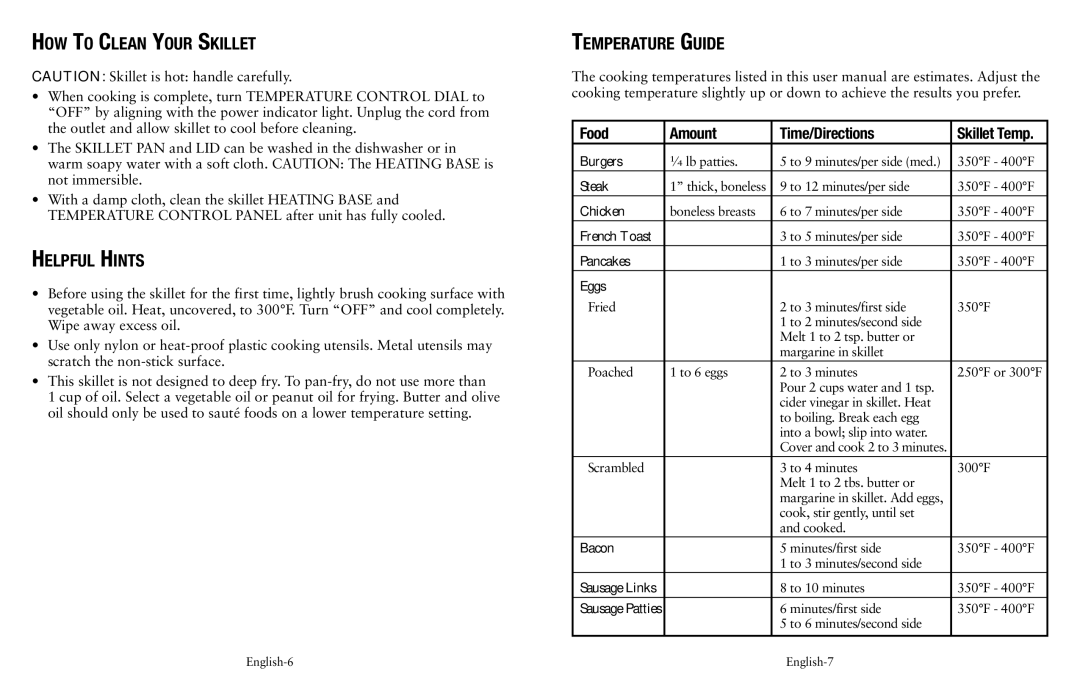 Oster SPR-120710-869, Electric Skillet user manual How To Clean Your Skillet, Helpful Hints, Temperature Guide 
