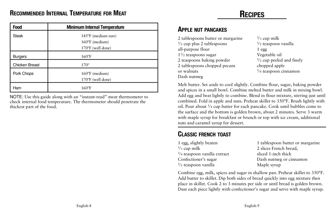 Oster Electric Skillet, SPR-120710-869 Recommended Internal Temperature for Meat, Apple nut pancakes, Classic french toast 