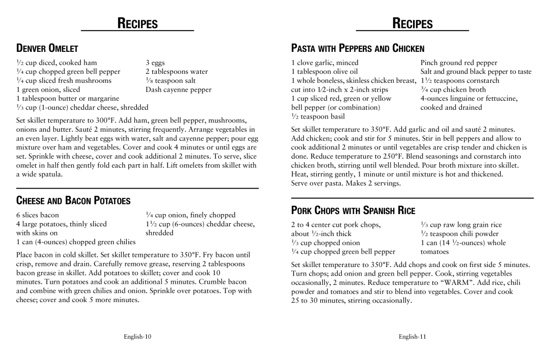 Oster SPR-120710-869, Electric Skillet user manual Denver Omelet, Cheese and Bacon Potatoes, Pasta with Peppers and Chicken 