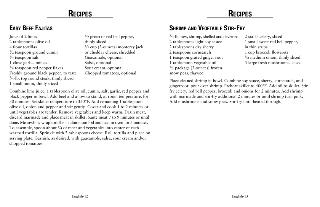 Oster Electric Skillet, SPR-120710-869 user manual Easy Beef Fajitas, Shrimp and Vegetable Stir-Fry 