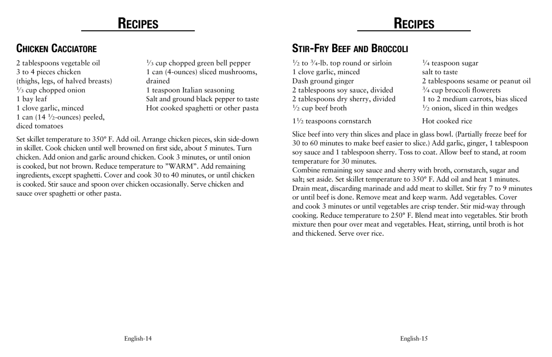 Oster SPR-120710-869, Electric Skillet user manual Chicken Cacciatore, Stir-Fry Beef and Broccoli 