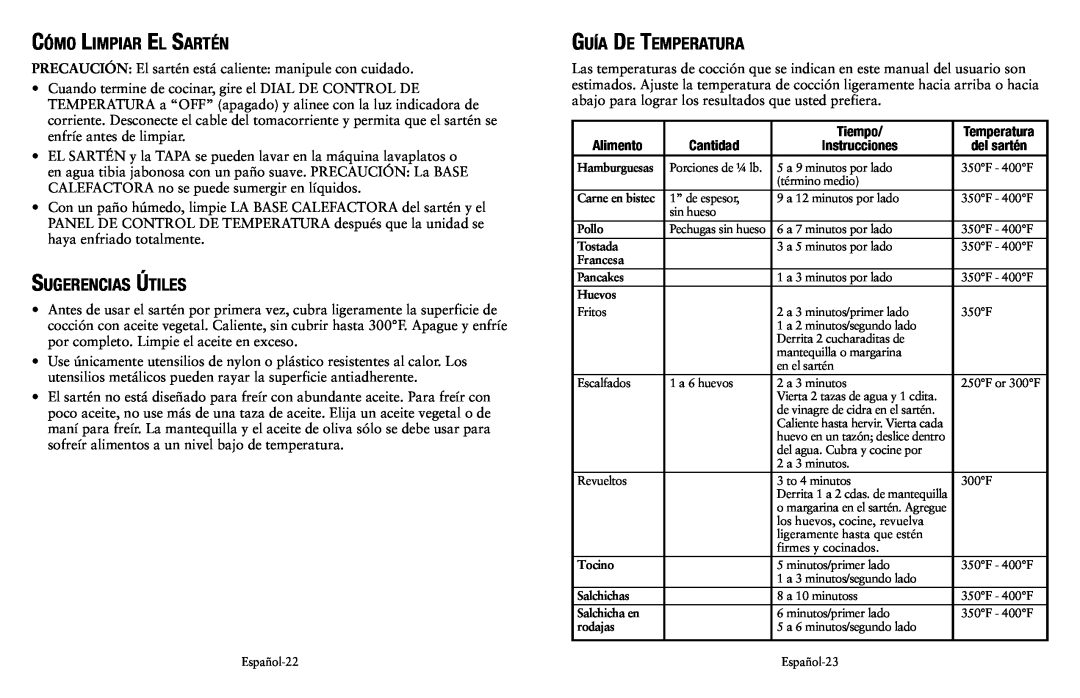 Oster SPR-120710-869 Cómo Limpiar El Sartén, Sugerencias Útiles, Guía De Temperatura, Tiempo, Alimento, Cantidad 