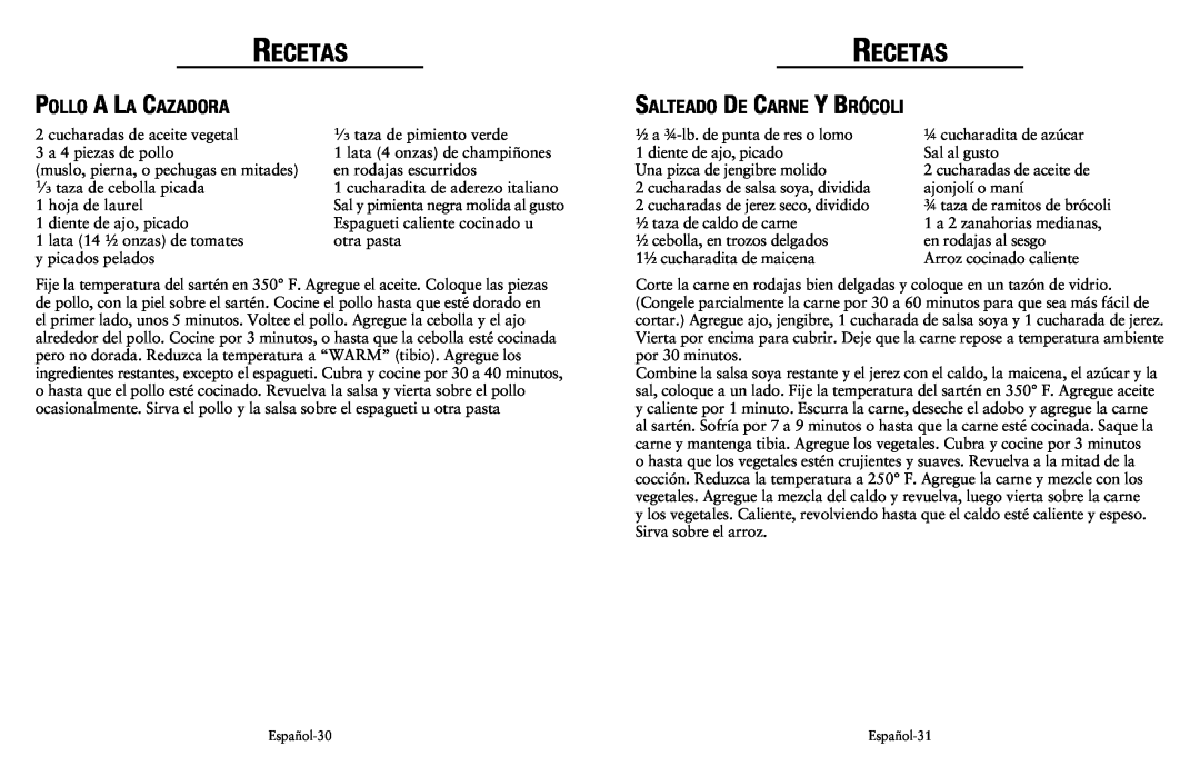 Oster SPR-120710-869, Electric Skillet user manual Pollo A La Cazadora, Salteado De Carne Y Brócoli, Recetas 