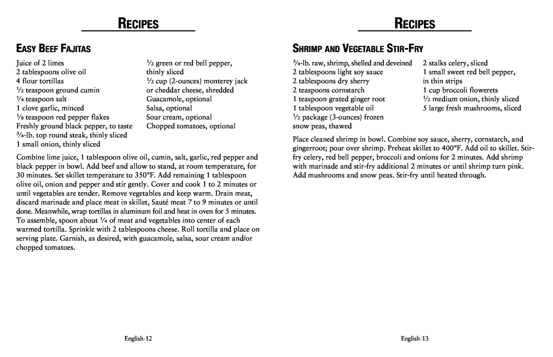 Oster Electric Skillet, SPR-120710-869 user manual Easy Beef Fajitas, Shrimp and Vegetable Stir-Fry, Recipes 
