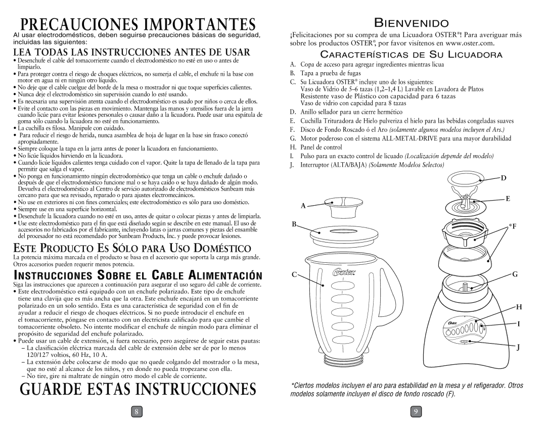 Oster SPR071111-475 user manual Precauciones Importantes, Este Producto Es Sólo para Uso Doméstico 