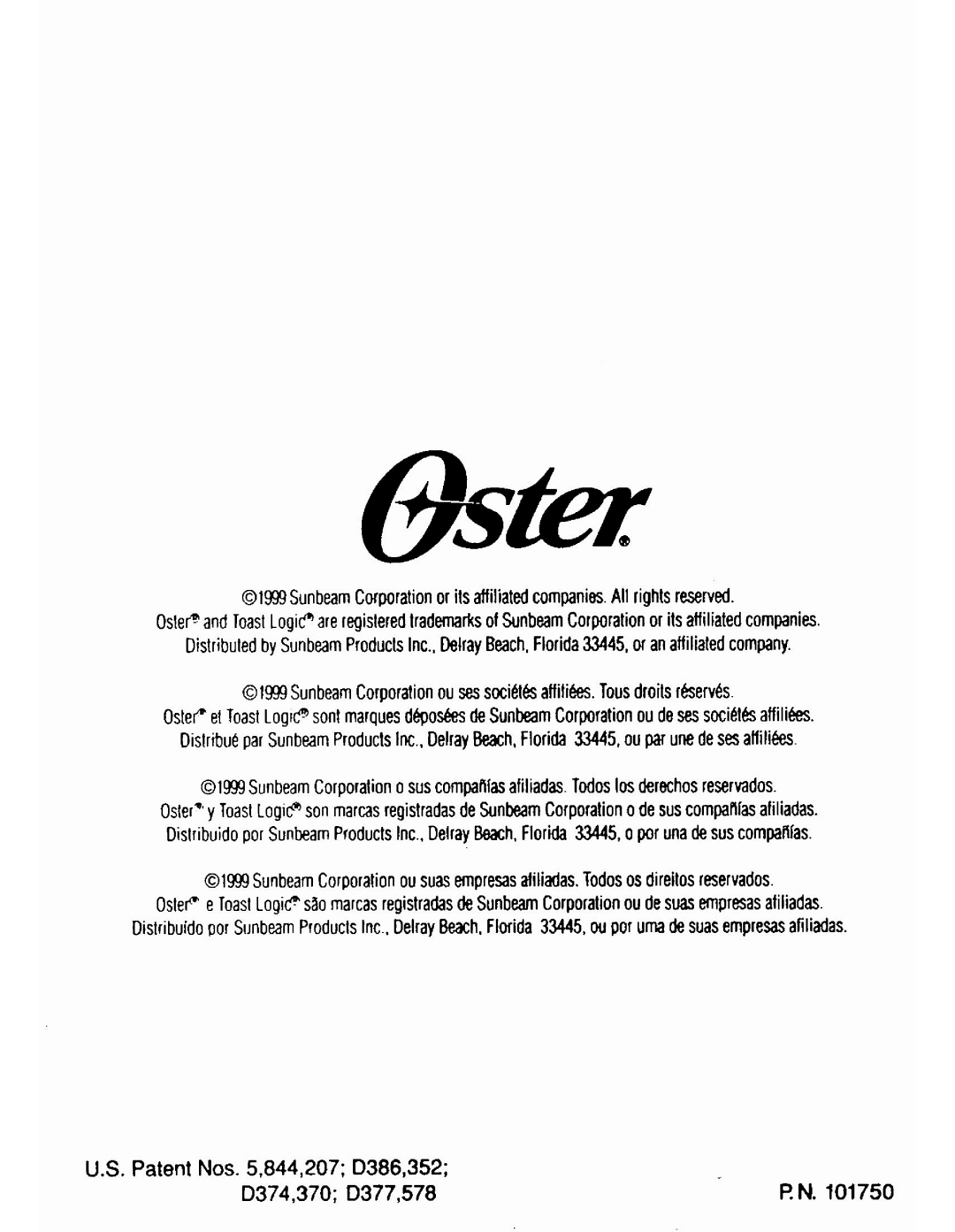 Oster TOASTERS instruction manual Patent Nos .844,207 D386,352 D374,370 D377,578 