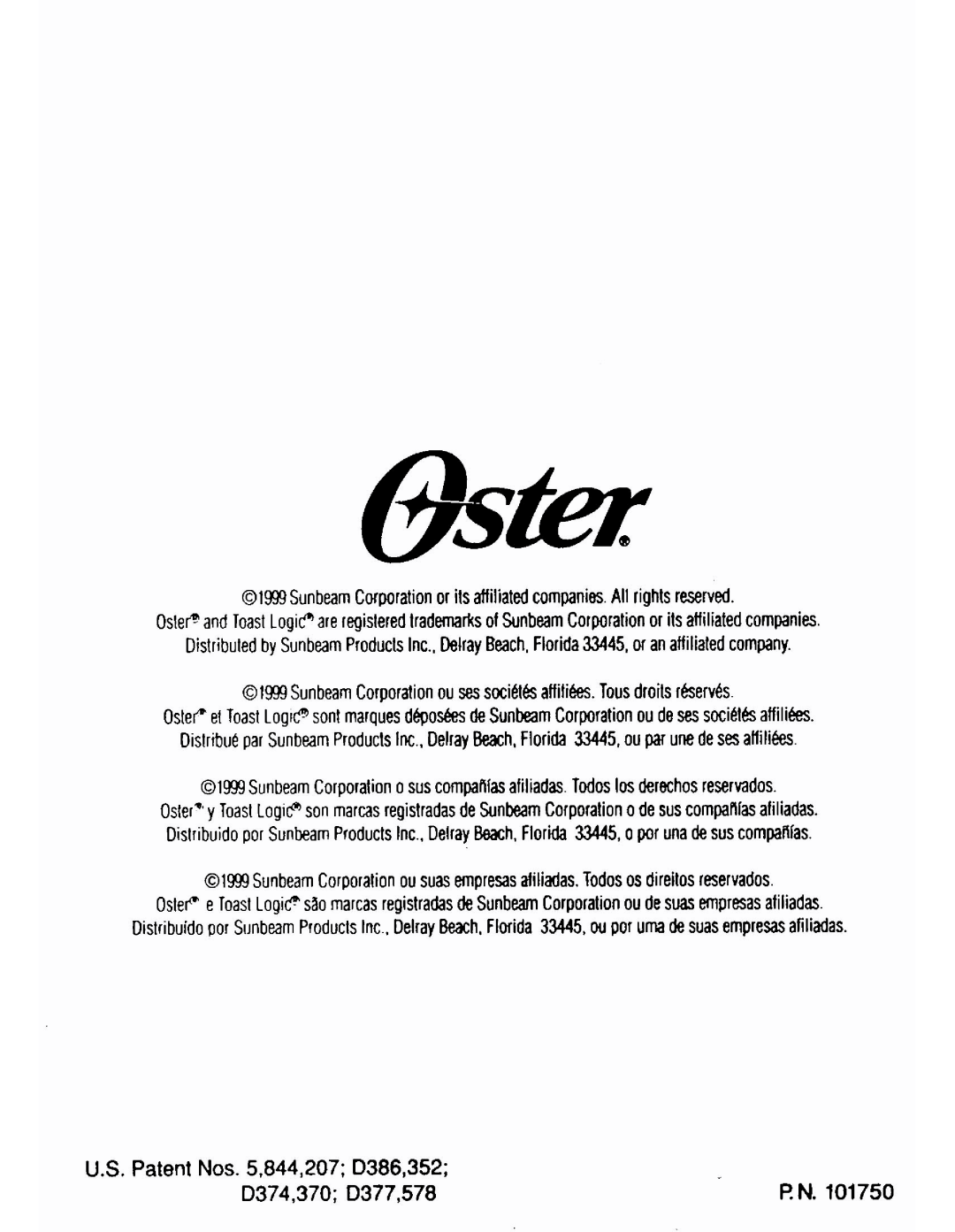 Oster TOASTERS instruction manual U.S. Patent Nos. 5.844,207 D386,352, D374,370 D377,578 