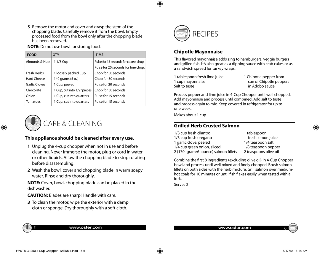 Oster TOP CHOP 4-CUP CHOPPER, FPSTMC1250 warranty Care & Cleaning, Recipes, This appliance should be cleaned after every use 