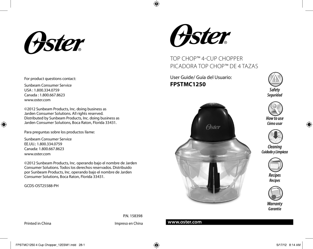 Oster FPSTMC1250 warranty User Guide/ Guía del Usuario, TOP CHOP 4-CUPCHOPPER, PICADORA TOP CHOP DE 4 TAZAS, Safety 