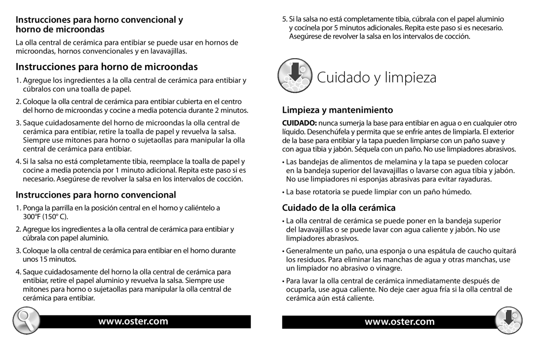 Oster TSP200 Cuidado y limpieza, Instrucciones para horno convencional y horno de microondas, Limpieza y mantenimiento 