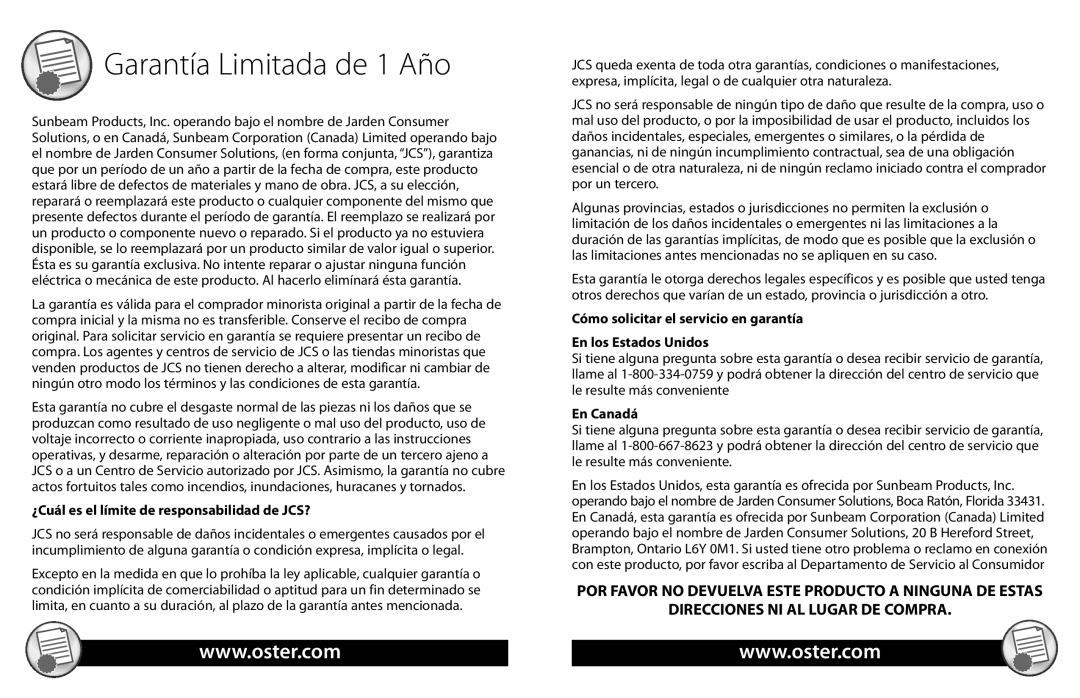 Oster TSP200, TSP100 warranty Garantía Limitada de 1 Año, ¿Cuál es el límite de responsabilidad de JCS? 