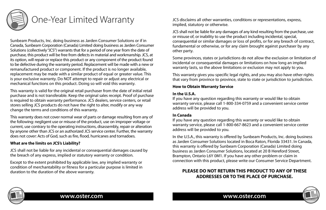 Oster TSP200, TSP100 warranty One-Year Limited Warranty, What are the limits on JCS’s Liability? 