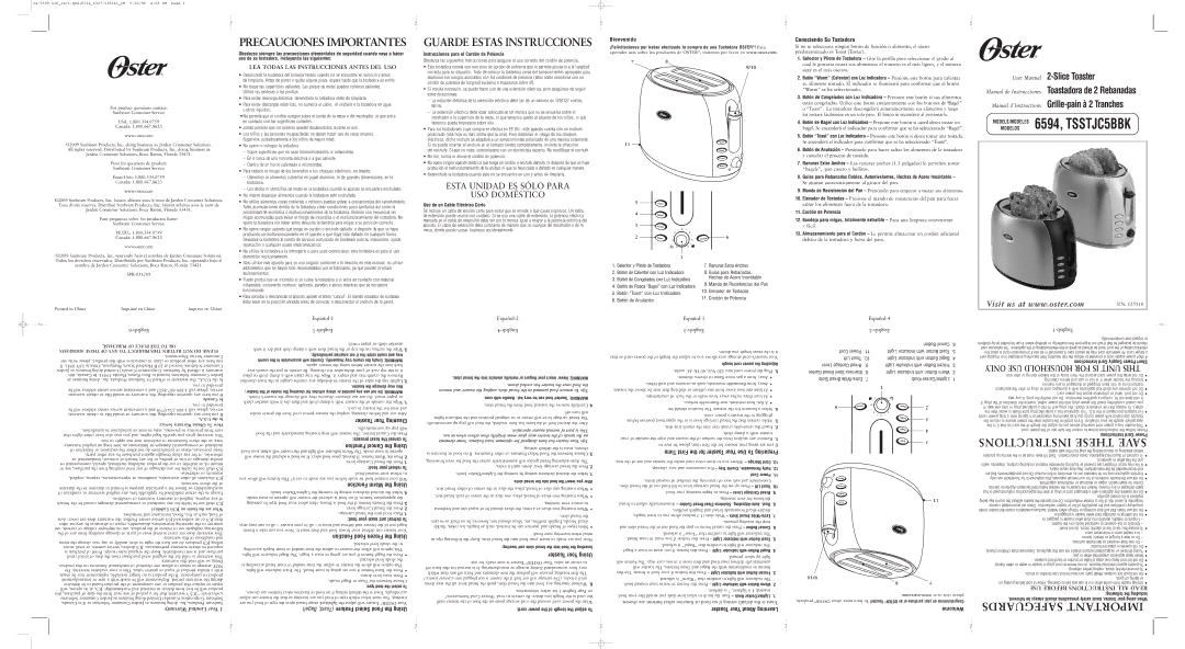 Oster 6594 user manual Instrucciones para el Cordón de Potencia, Uso de un Cable Eléctrico Corto, ToasYteoru r, Ing 