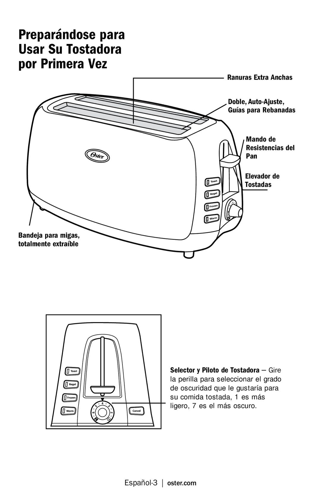 Oster TSSTJCPS01, TSSTJCPSR1, TSSTJC4SST-LST & 3909, Oster Toaster Selector y Piloto de Tostadora Gire, Español-3 oster.com 