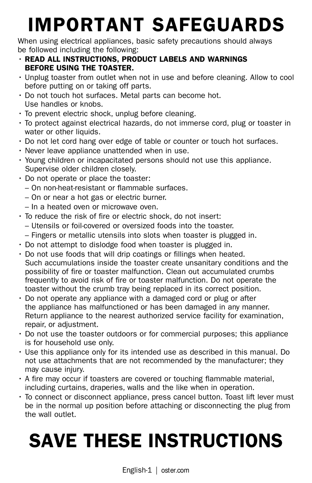 Oster TSSTJC4SST-LST & 3909, TSSTJCPS01, TSSTJCPSR1, Oster Toaster user manual Important Safeguards 