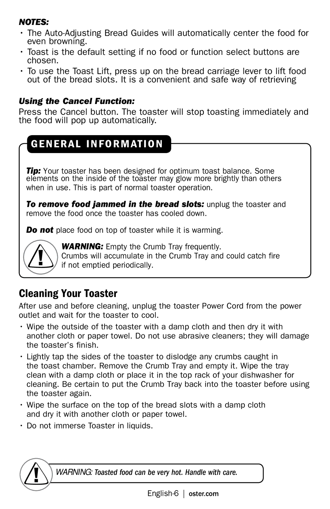 Oster Oster Toaster, TSSTJCPS01, TSSTJCPSR1, TSSTJC4SST-LST & 3909 Cleaning Your Toaster, Using the Cancel Function 