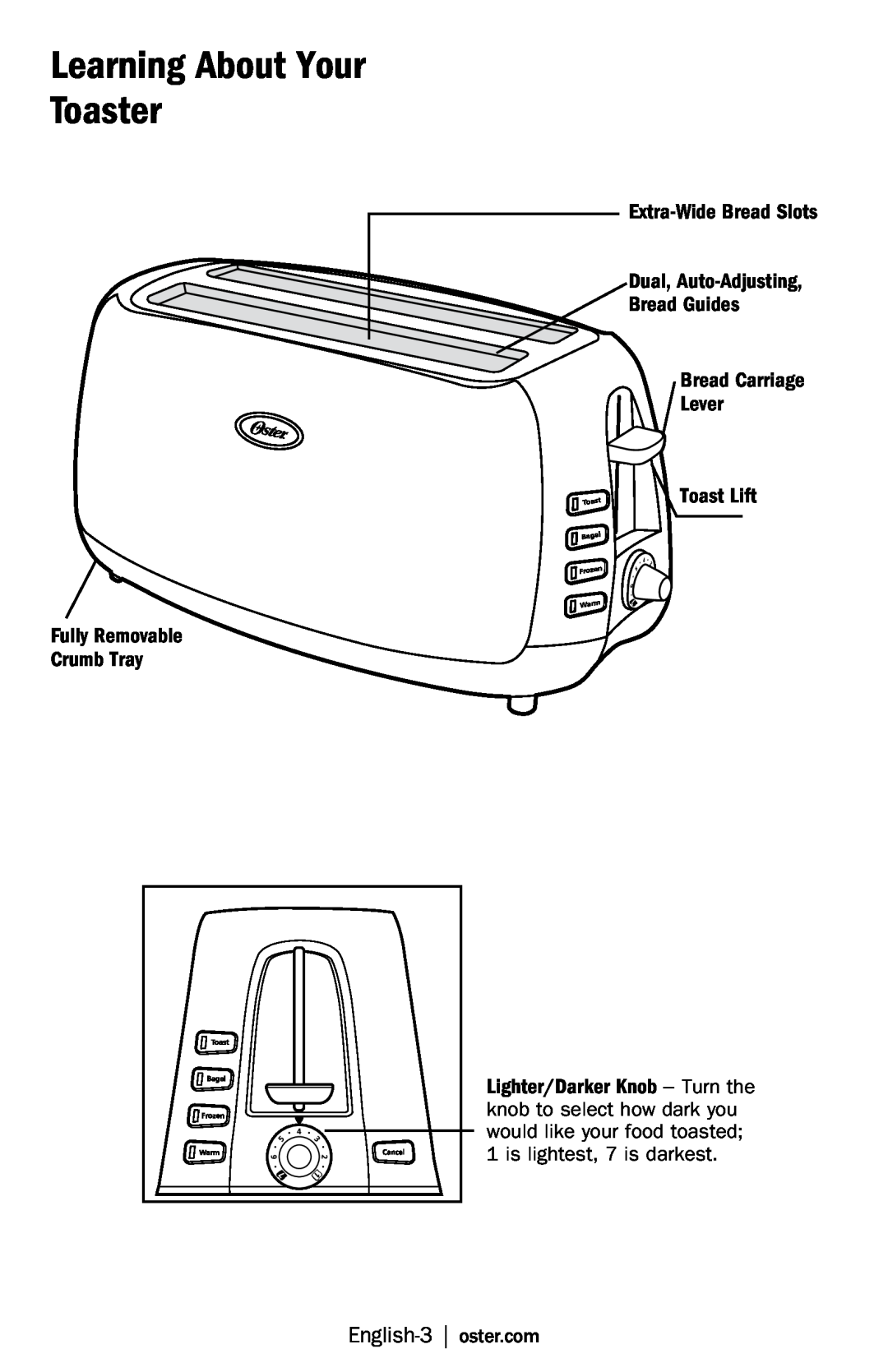 Oster TSSTJCPS01 Learning About Your Toaster, Extra-WideBread Slots Dual, Auto-Adjusting, Fully Removable Crumb Tray 