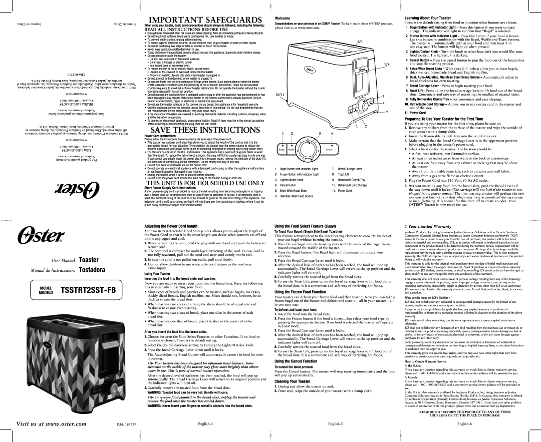 Oster Oster user manual This Unit Is For Household Use Only, Read All Instructions Before Use, Learning About Your Toaster 