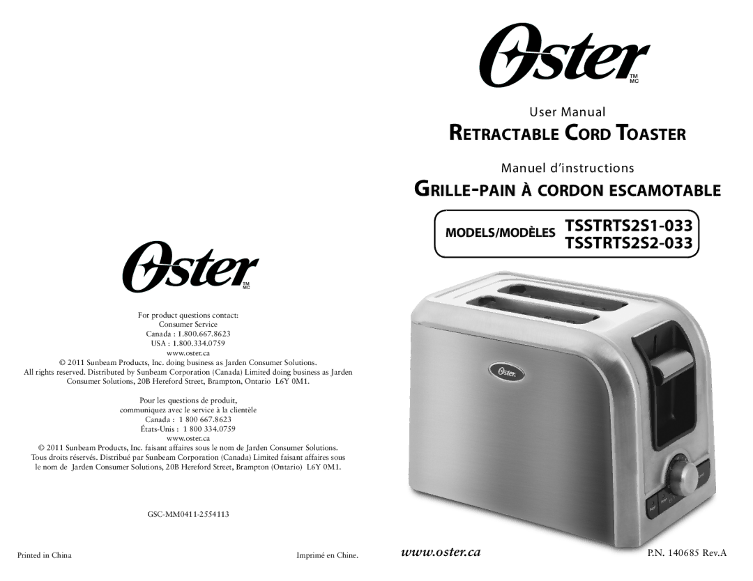 Oster TSSTRTS251-033, TSSTRTS2S1-033 user manual Rev.A 