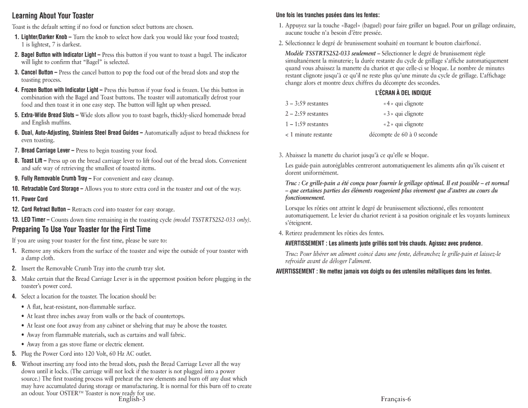 Oster TSSTRTS2S1-033 user manual Learning About Your Toaster, Preparing To Use Your Toaster for the First Time, Power Cord 