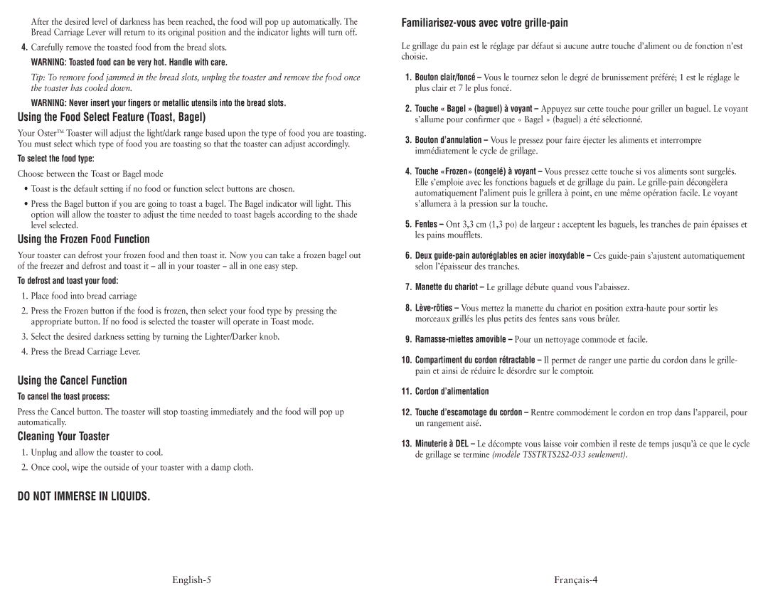 Oster TSSTRTS2S1-033, TSSTRTS251-033 user manual Do not Immerse in Liquids 