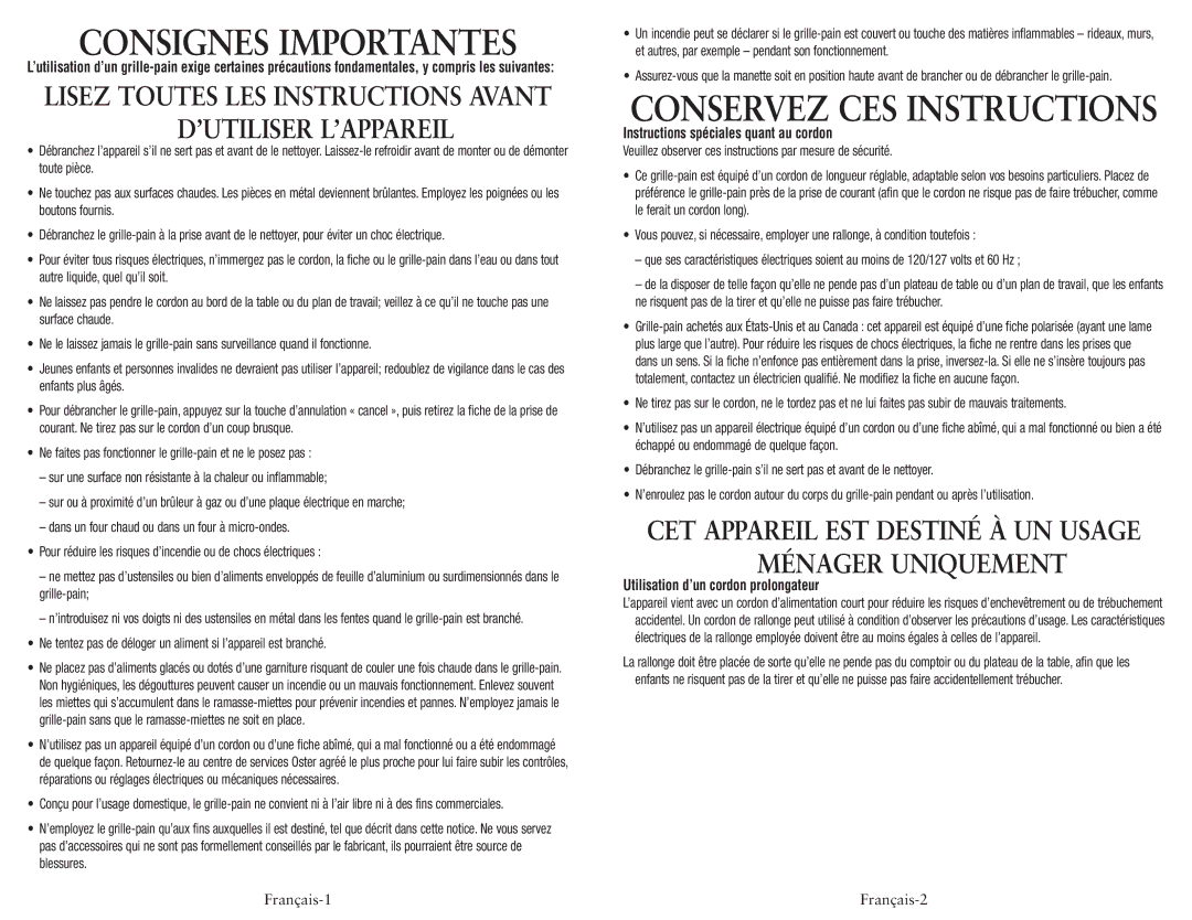 Oster TSSTRTS2S1-033 Consignes Importantes, Instructions spéciales quant au cordon, Utilisation d’un cordon prolongateur 