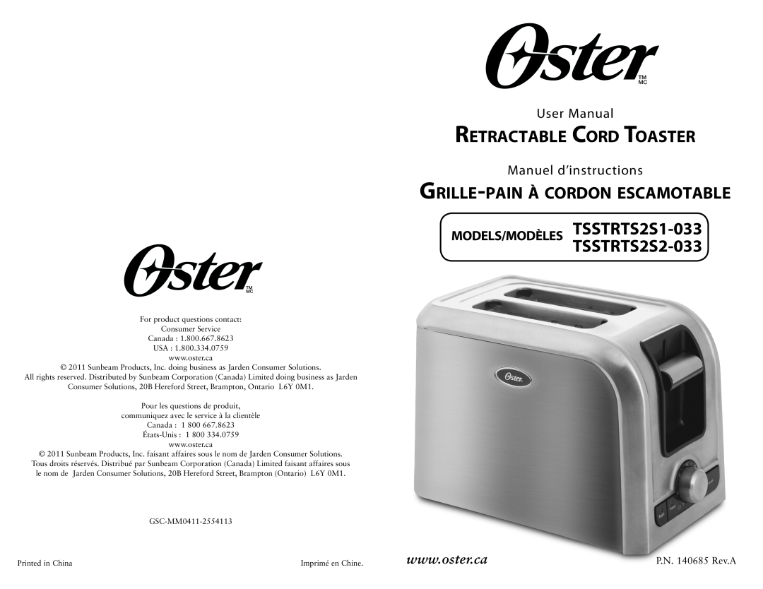 Oster TSSTRTS251-033, TSSTRTS2S1-033 user manual TSSTRTS2S2-033, Retractable Cord Toaster, Grille-Painà Cordon Escamotable 