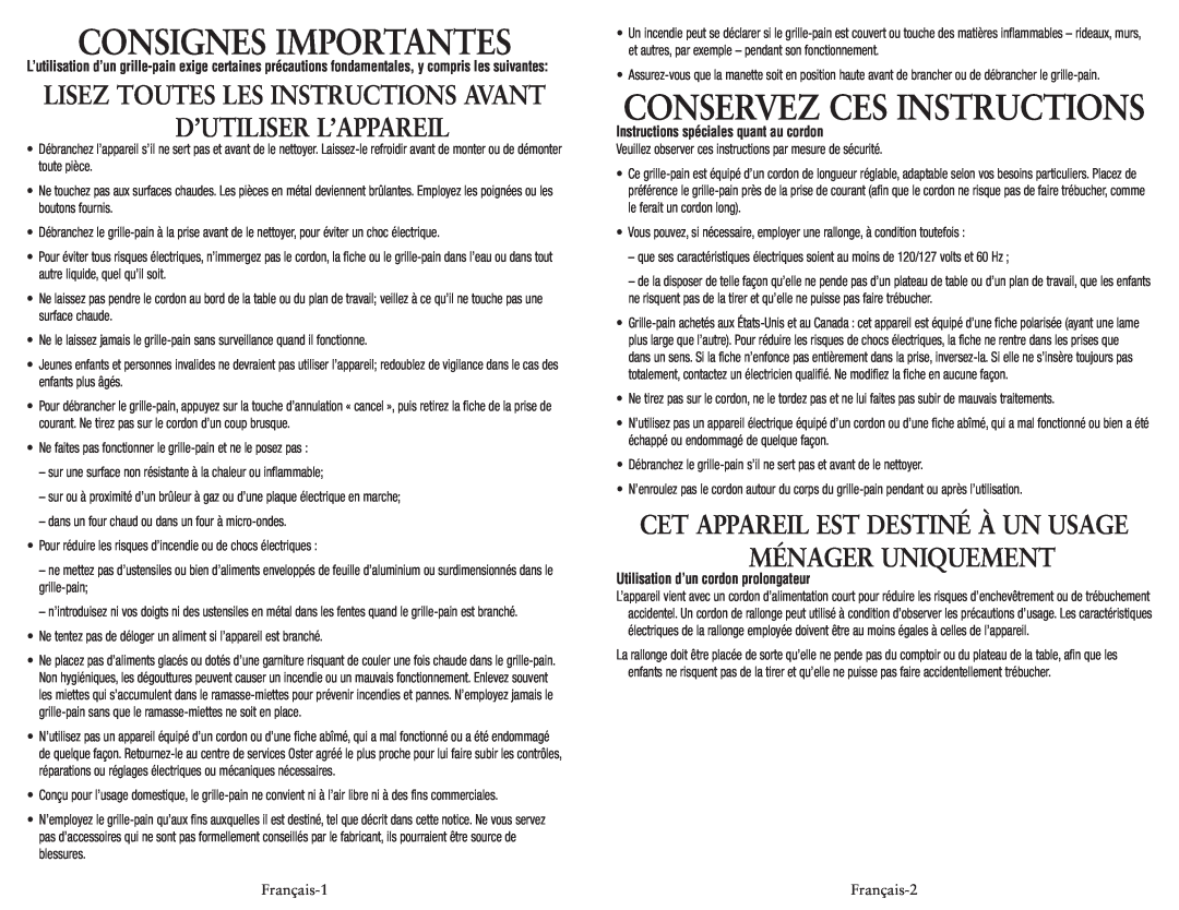 Oster TSSTRTS2S1-033 Consignes Importantes, Instructions spéciales quant au cordon, Utilisation d’un cordon prolongateur 
