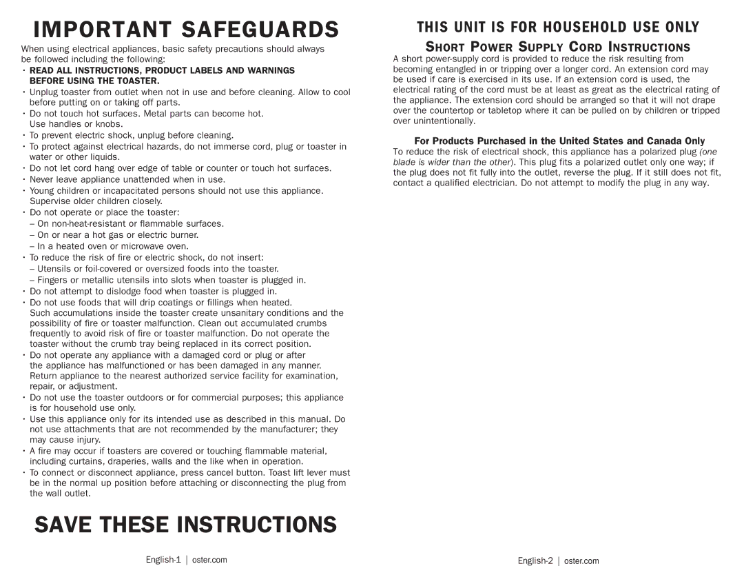 Oster TSSTRTS2S1 user manual Important Safeguards 