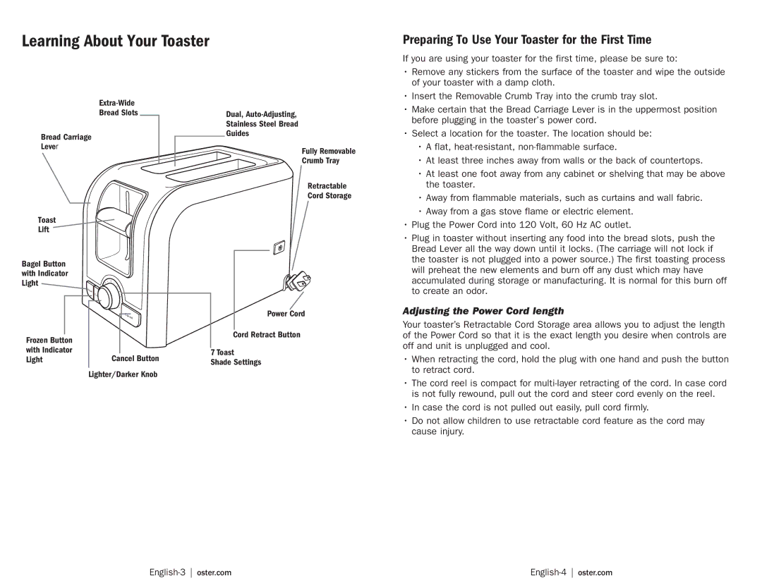 Oster TSSTRTS2S1 user manual Preparing To Use Your Toaster for the First Time, Adjusting the Power Cord length 